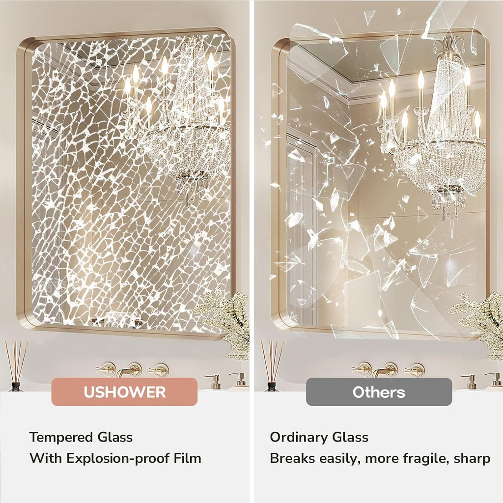 USHOWER Gold Bathroom Mirrors 24'x36' 2 Pack, Brushed Champagne Gold Rectangle Mirrors for Over Sink, Aluminum Frame, Anti-Rust, Tempered Glass, Horizontal or Vertical Mounted