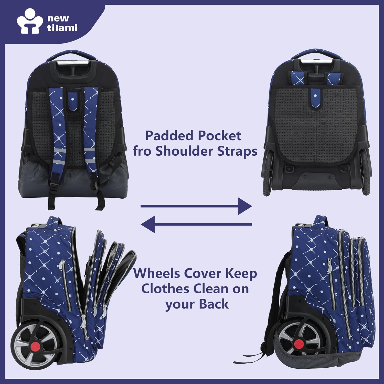 NEW TILAMI 20' Rolling Backpack for Teens Adults, Climbing Stairs Waterproof Backpack with Wheels for School Business Trave Camping with Laptop Compartment, Fit 17 Inch Laptop, Navy Bling
