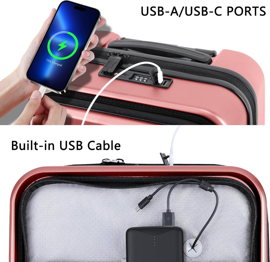 Luggage Sets 2 Piece, Carry On Luggage with Front Pocket & USB Port and 28 Inch Expandable Checked Luggage with Top Opening, Durable PC Hardside Suitcases with Spinner Wheels & TSA Lock, Pink (20/28)