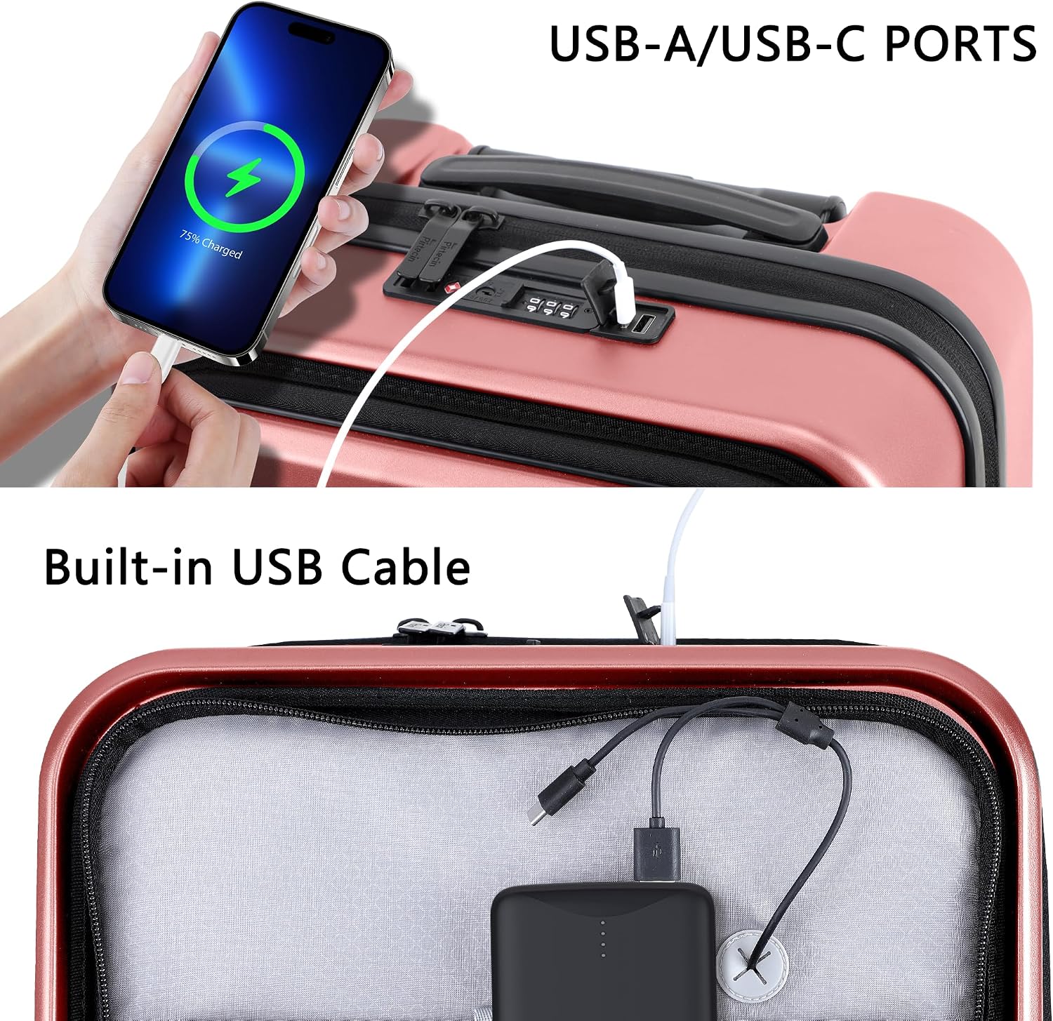 Luggage Sets 2 Piece, Carry On Luggage with Front Pocket & USB Port and 28 Inch Expandable Checked Luggage with Top Opening, Durable PC Hardside Suitcases with Spinner Wheels & TSA Lock, Pink (20/28)