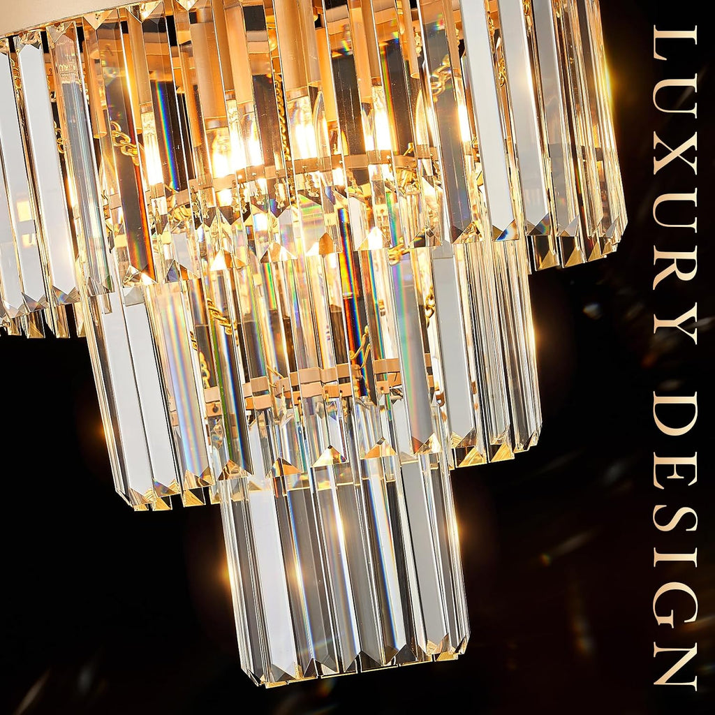 CATINER Gold Crystal Chandeliers 16' Modern 6-Light Small Pendant Light Luxury 3 Tiers K9 Crystal Ceiling Pendant Round Light Fixture for Dining Room Entryway Kitchen Bedroom Closet