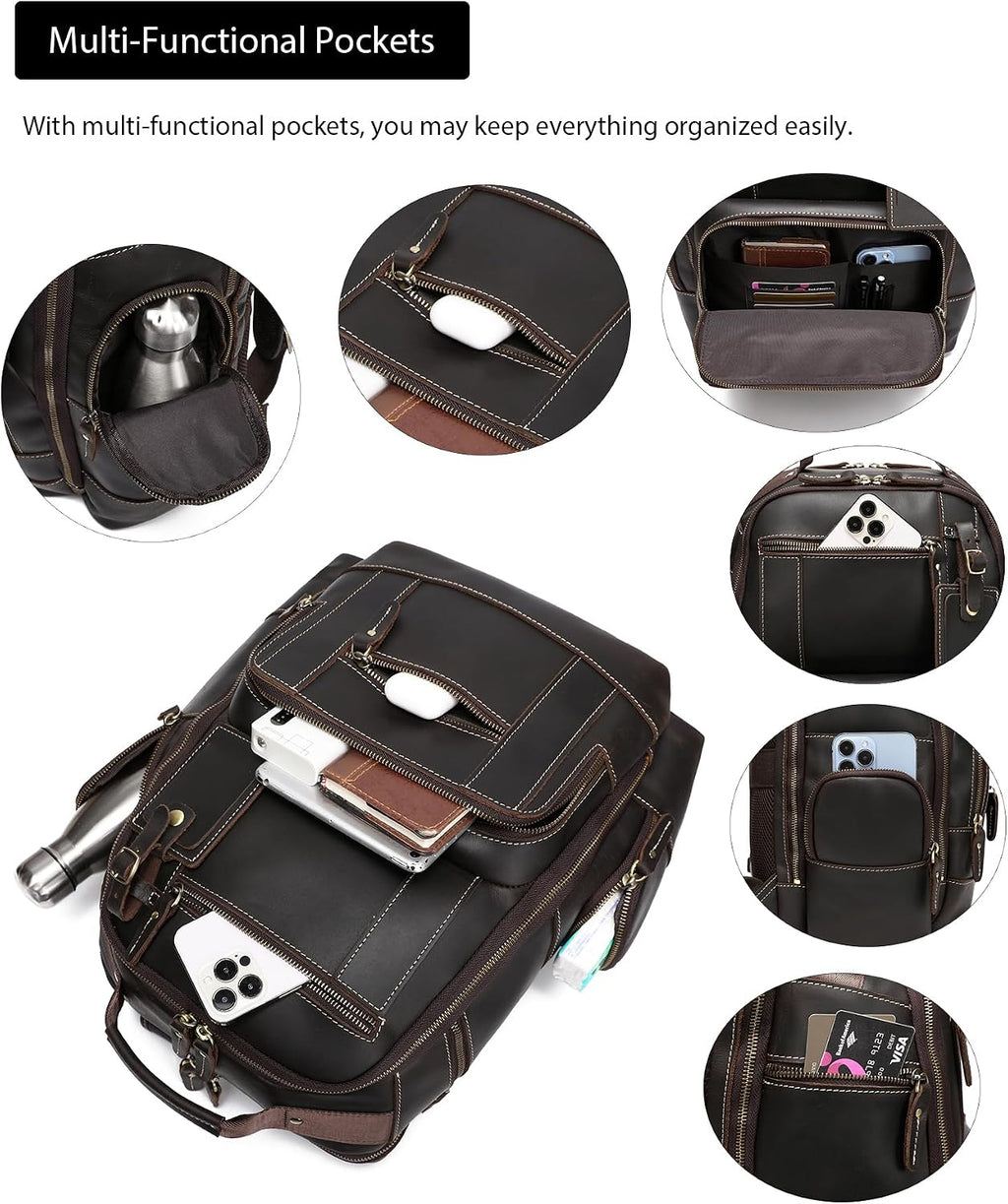LANNSYNE Vintage Genuine Leather Backpack for men, 15.6' Laptop Backpack Travel Camping 24L Rucksack