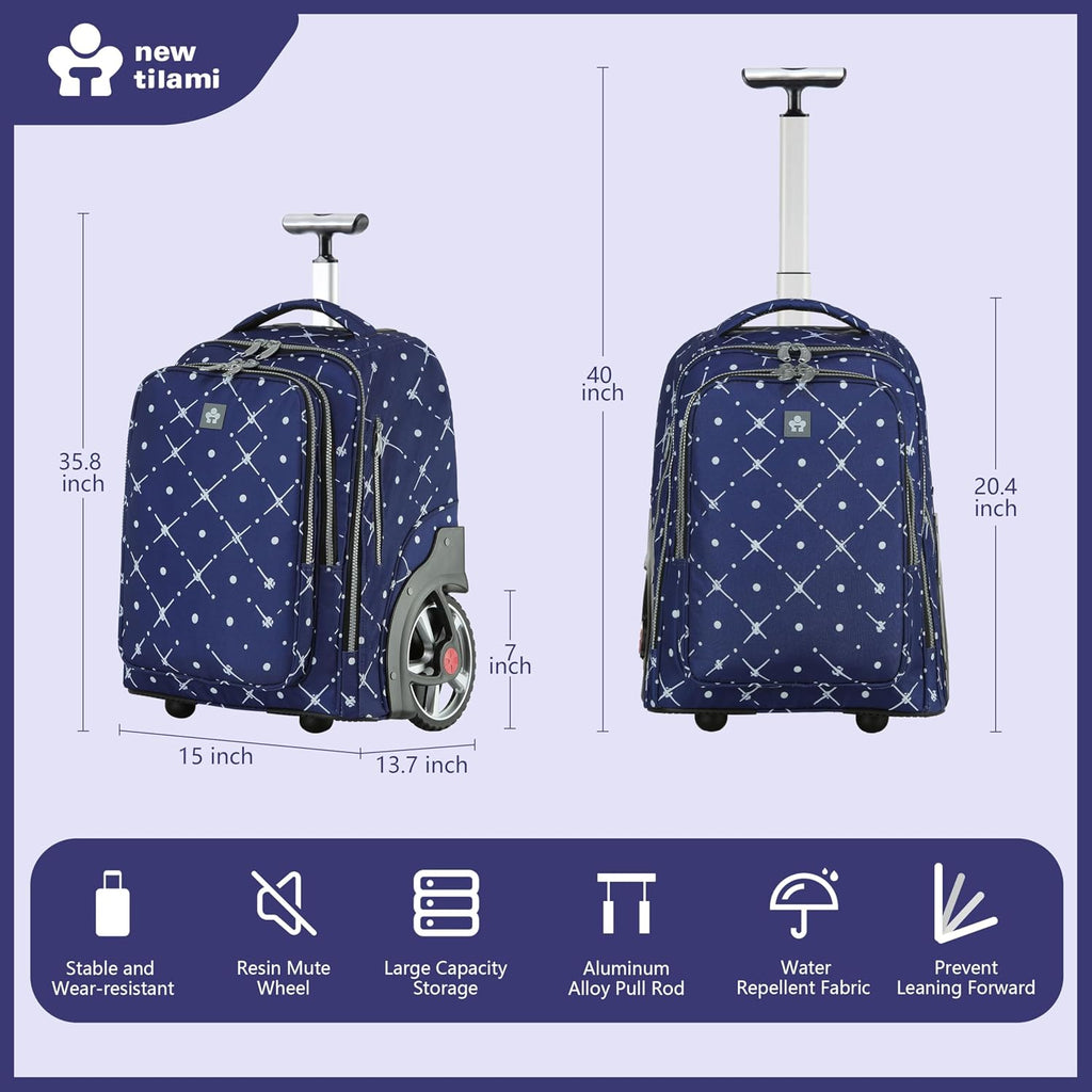 NEW TILAMI 20' Rolling Backpack for Teens Adults, Climbing Stairs Waterproof Backpack with Wheels for School Business Trave Camping with Laptop Compartment, Fit 17 Inch Laptop, Navy Bling