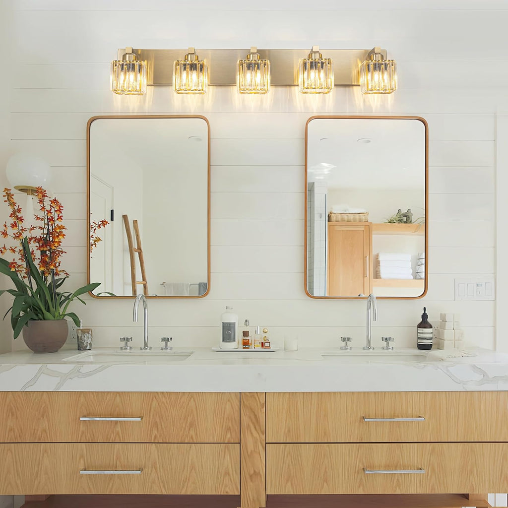 Gold Crystal Bathroom Vanity Lights, 5 Lights Bathroom Lighting Fixtures Over Mirror Modern Gold Crystal Wall Light with Square Shade