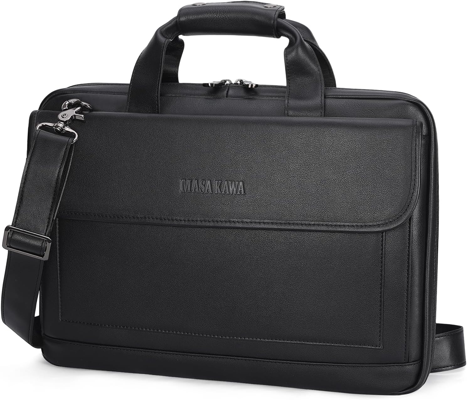 Masa Kawa Leather Briefcase for Men Slim 15.6' Laptop Bag Waterproof Crossbody Shoulder Messenger Computer Attache Case for Business Work, Black