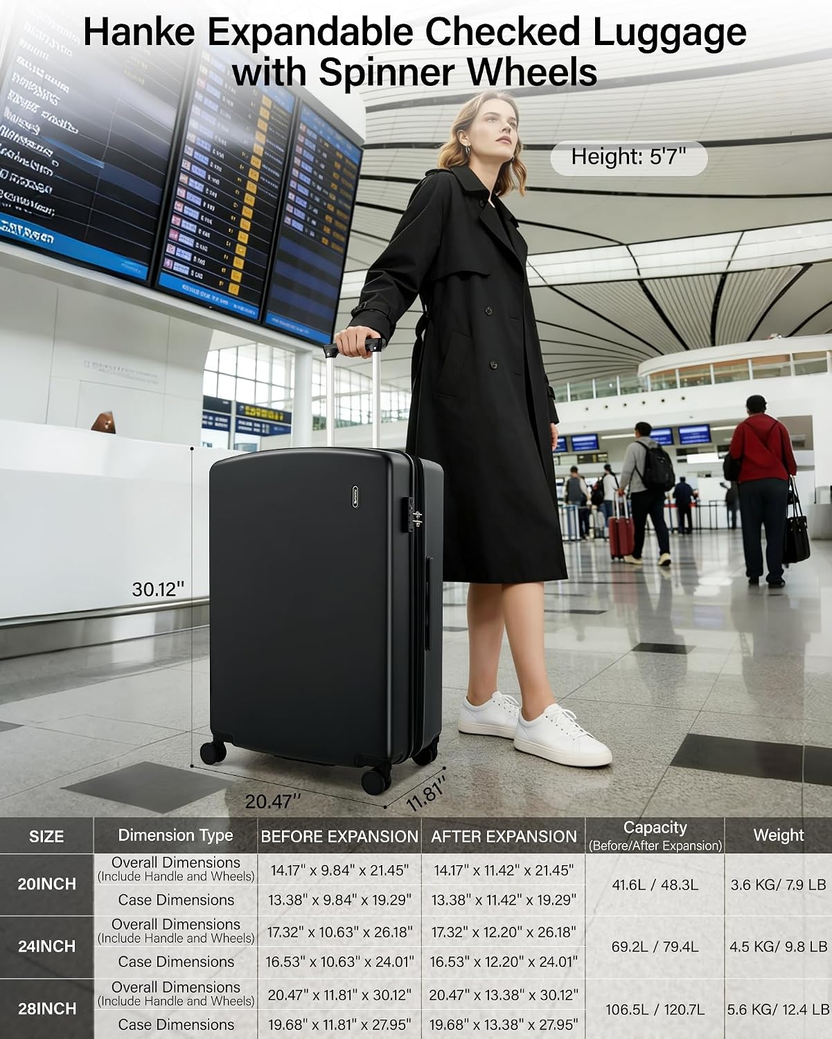 Hanke Expandable Hard Shell Luggage Sets 3 Pieces, 20/24 / 28 Inch Luggage Sets with Spinner Wheels, Durable PC Hardside Rolling Suitcase with TSA Lock for Travel (20/24/28 Inch, Jet Black)