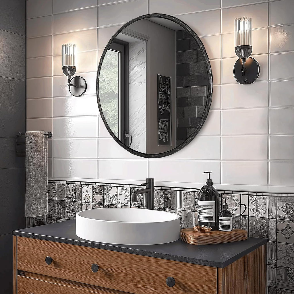 ANDY STAR Hand-Forged Round Mirror for Wall, 24 Inch Black Solid Steel Antique Rounded Bathroom Mirror, Vintage Hammered Metal Frame Circle Mirror for Wall Decor, Vanity, Bedroom, Entryway