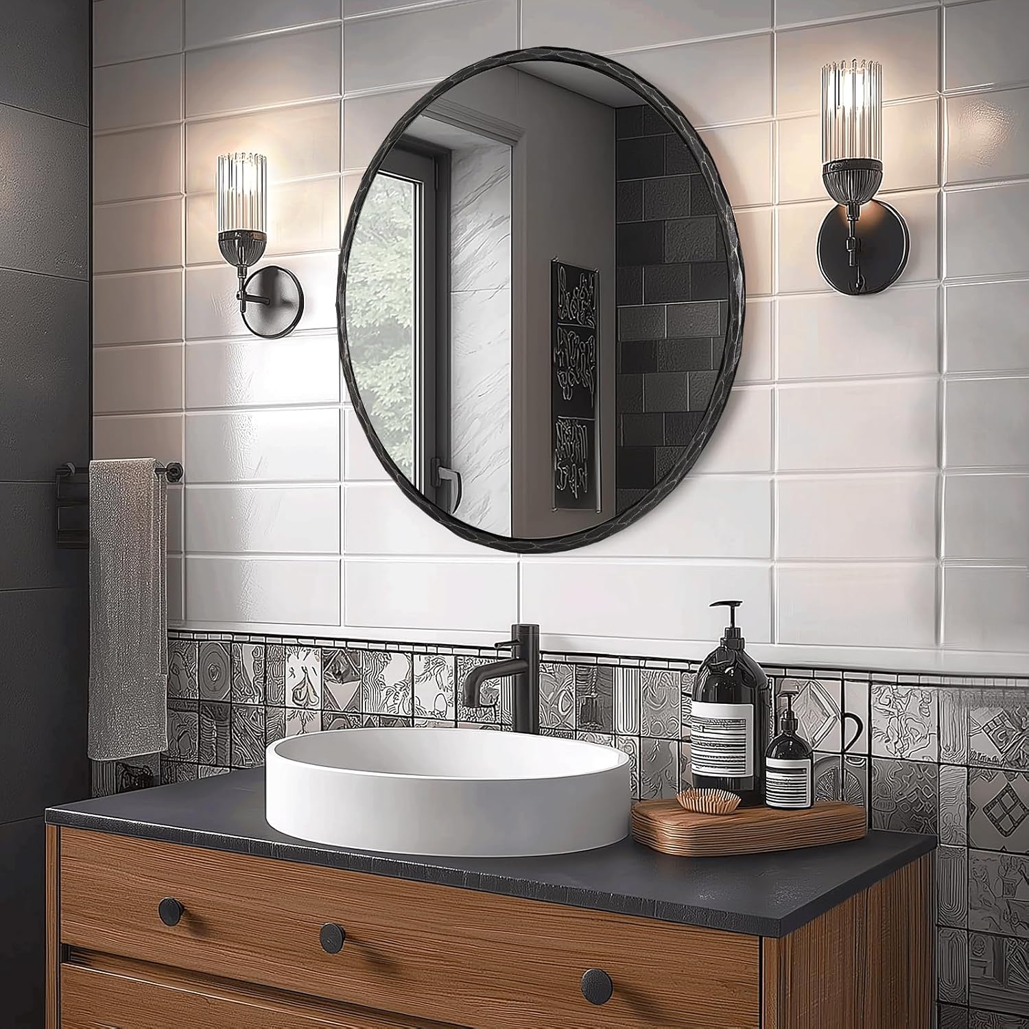 ANDY STAR Hand-Forged Round Mirror for Wall, 24 Inch Black Solid Steel Antique Rounded Bathroom Mirror, Vintage Hammered Metal Frame Circle Mirror for Wall Decor, Vanity, Bedroom, Entryway