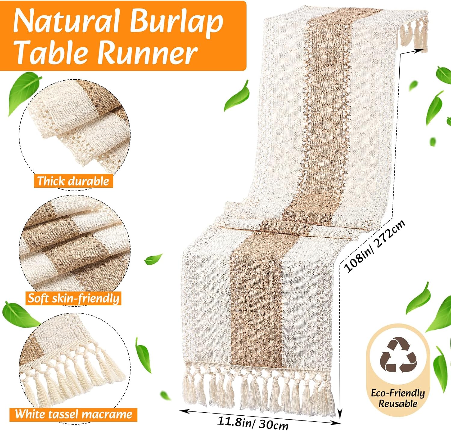 8 Sets Boho Decoration Placemats Round Woven Placemats, Cloth Napkins, Wood Bead Napkin Rings, Long Table Runner and Farmhouse Burlap Cotton for Table Kitchen (Khaki,12x108)