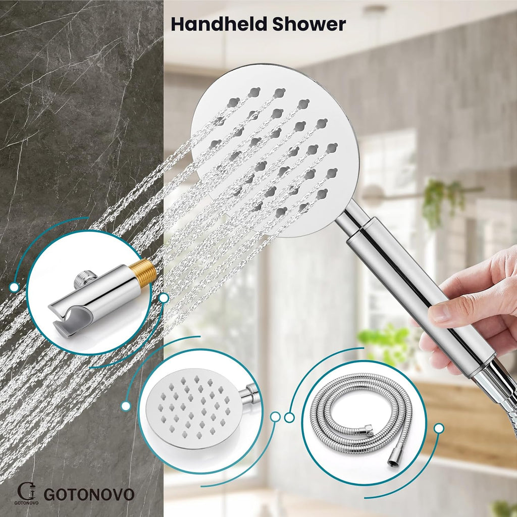 gotonovo Rain Shower System with 10 Inch Round Showerhead and Handheld High Pressure Shower Faucet Set Contain Rough in Valve, Polish Chrome