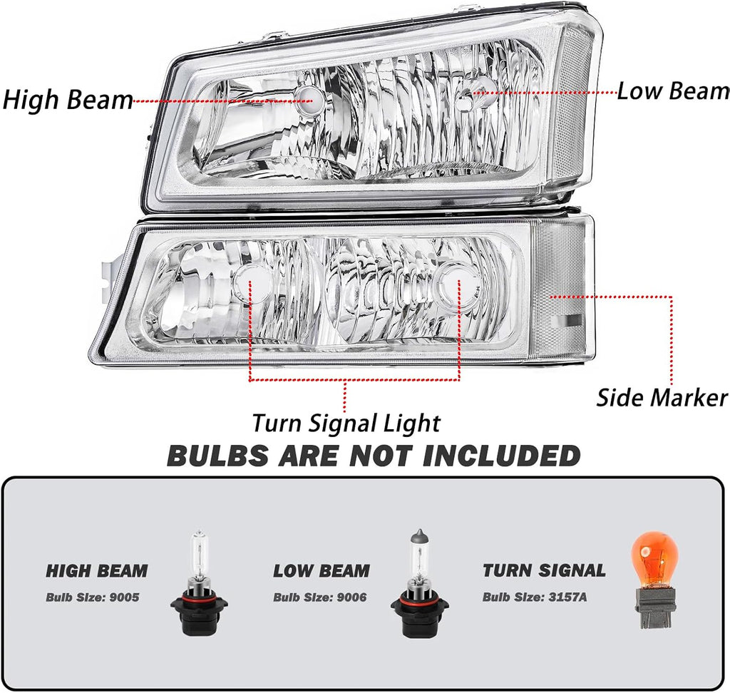 Headlights and Taillights Assembly Combo Kits for 2003-2006 Chevy Silverado 1500 2500 3500 & 2007 Chevy Silverado Classic Head Lamps/Red Rear Tail Brake Signal Lights Replacement (LH RH),Chrome Clear