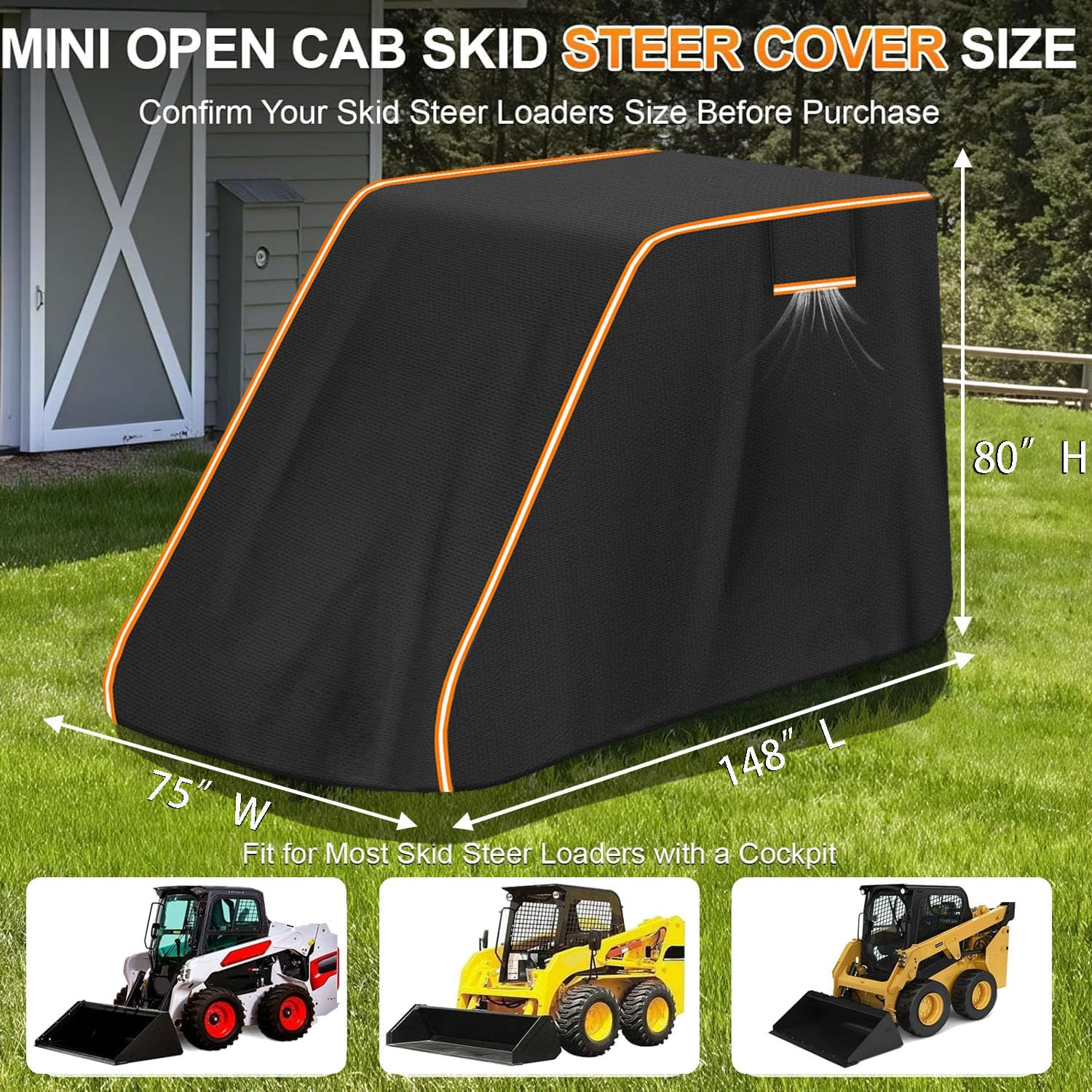 900D Skid Steer Cover Waterproof Heavy Duty, UV Protection Track Loader Cover Compatible with Bobcat, John Deere, Kubota, Caterpillar, Case, New Holland, JCB, (148'x 75'x 80')