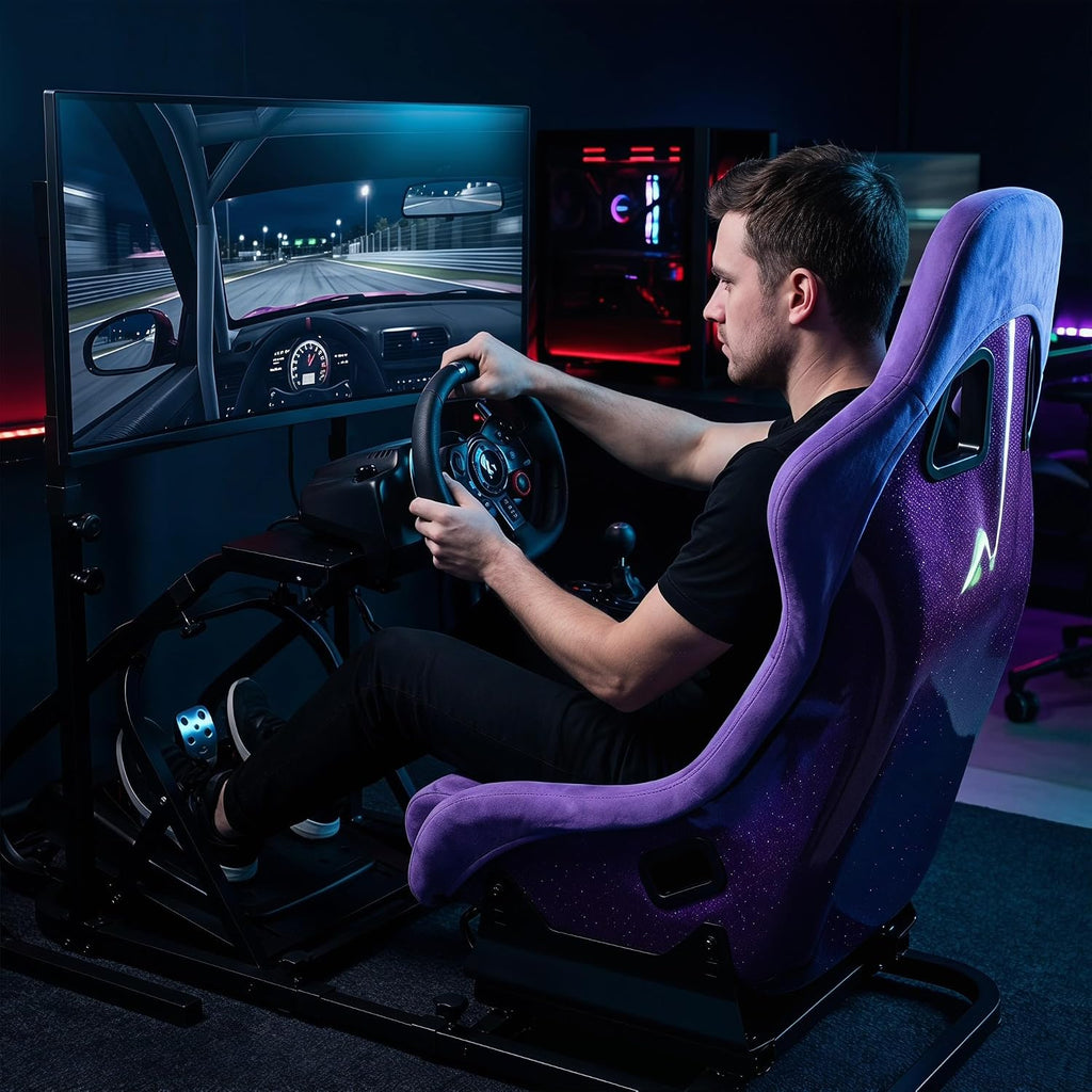 Racing Simulator Cockpit with Monitor Mount and Strong Fiberglass Purple Mesh Fabric Bucket Seat, Racing Wheel Stand Compatible with Fanatec, Thrustmaster, Logitech, Moza Racing Games on PS5, PS4, Xbox and PC