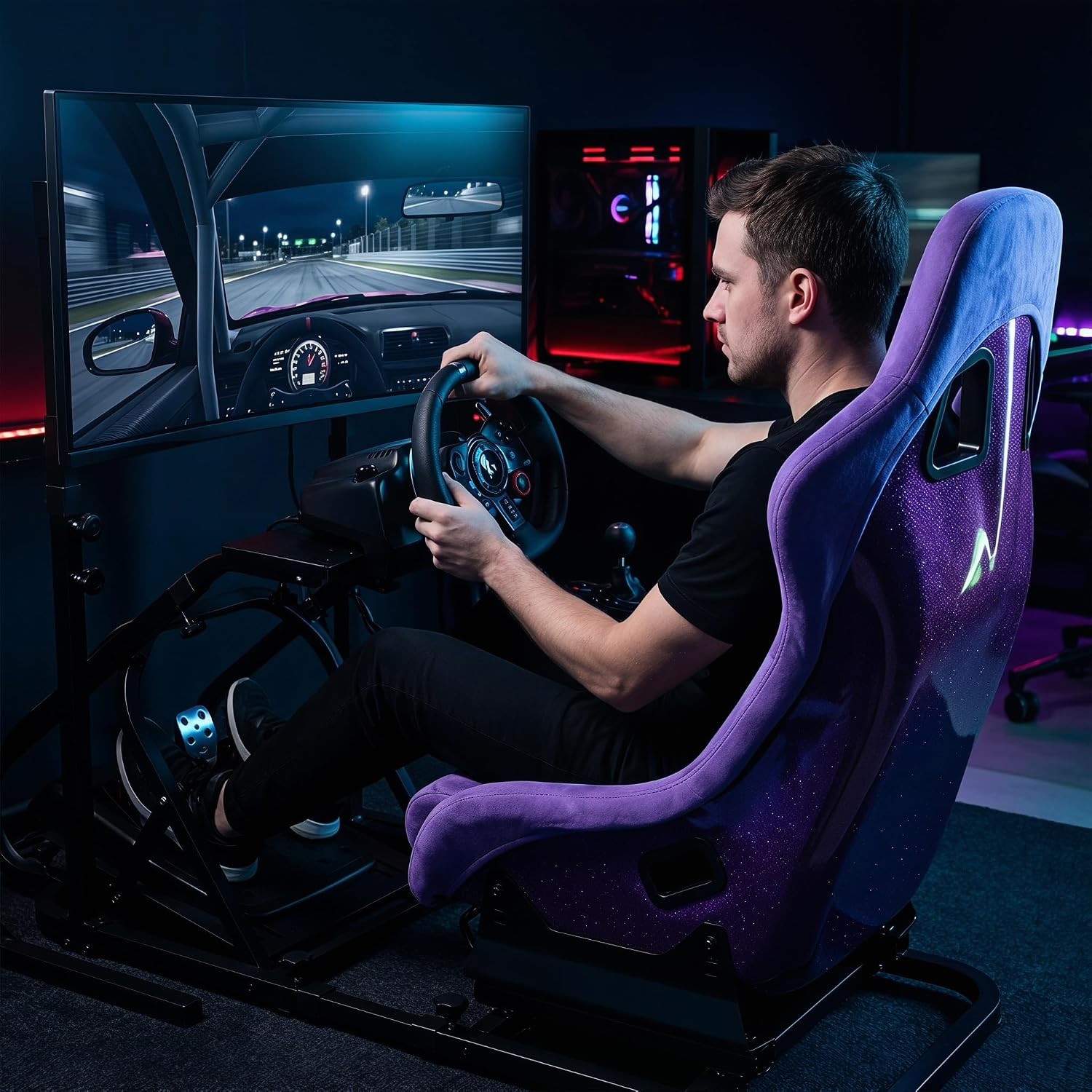 Racing Simulator Cockpit with Monitor Mount and Strong Fiberglass Purple Mesh Fabric Bucket Seat, Racing Wheel Stand Compatible with Fanatec, Thrustmaster, Logitech, Moza Racing Games on PS5, PS4, Xbox and PC