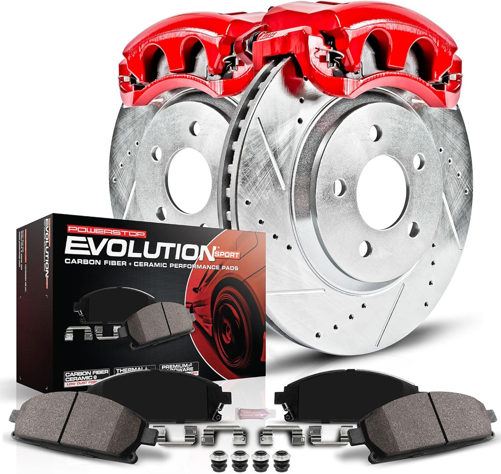 PowerStop Front Brake Kit for Chevrolet Avalanche 2500 2002-04 |Express 3500 2003-20 - Carbon-Fiber Ceramic Brake Pads + Drilled & Slotted Rotors + Red Powder Coated Calipers, KC2071