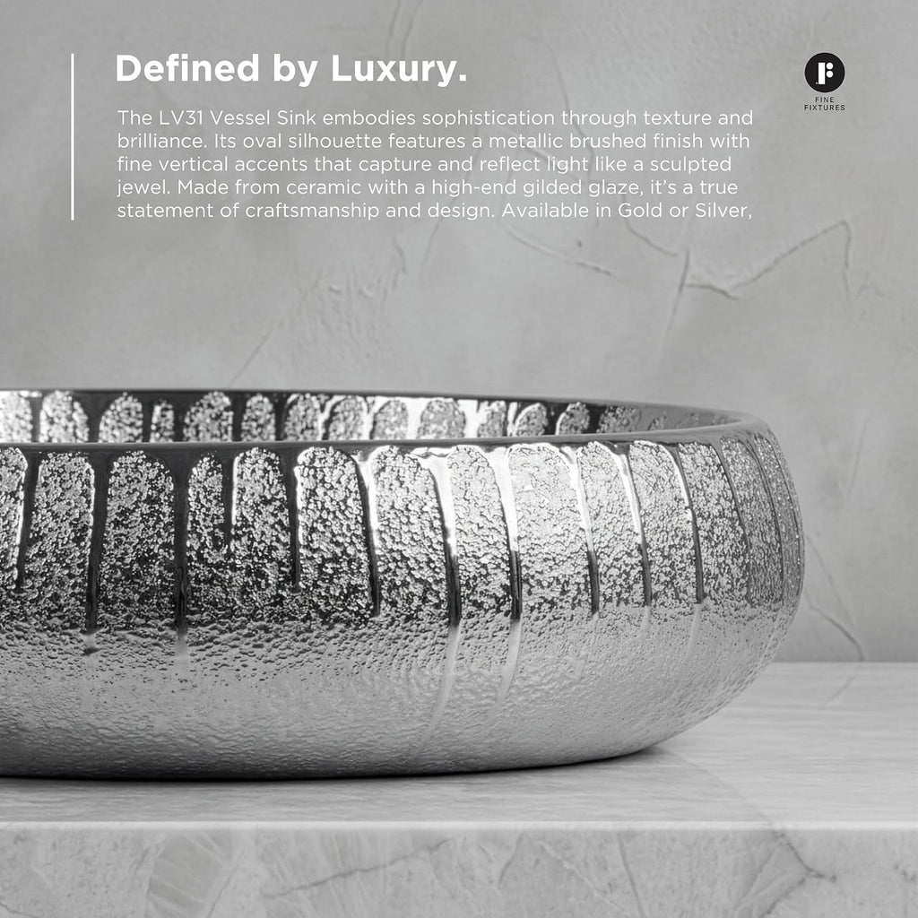Fine Fixtures 23' x 15' Luxury Silver Vessel Bathroom Sink - Oval Ceramic Sink Bowl, Elegant Countertop Wash Basin, Perfect Sink for Vanity Top Installation