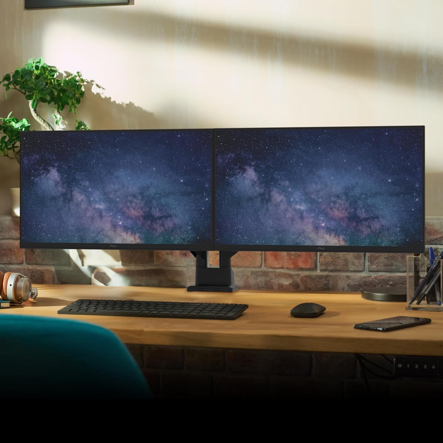 Two Pixio PXC248WAVE 24 inch 200Hz Refresh Rate FHD 1080p Resolution 1500R Curve Fast VA Panel 1ms GTG Response Time HDR Curved Gaming Monitor and PS1D Wave Black Dual Monitor Arm - Fits up to 32 inch