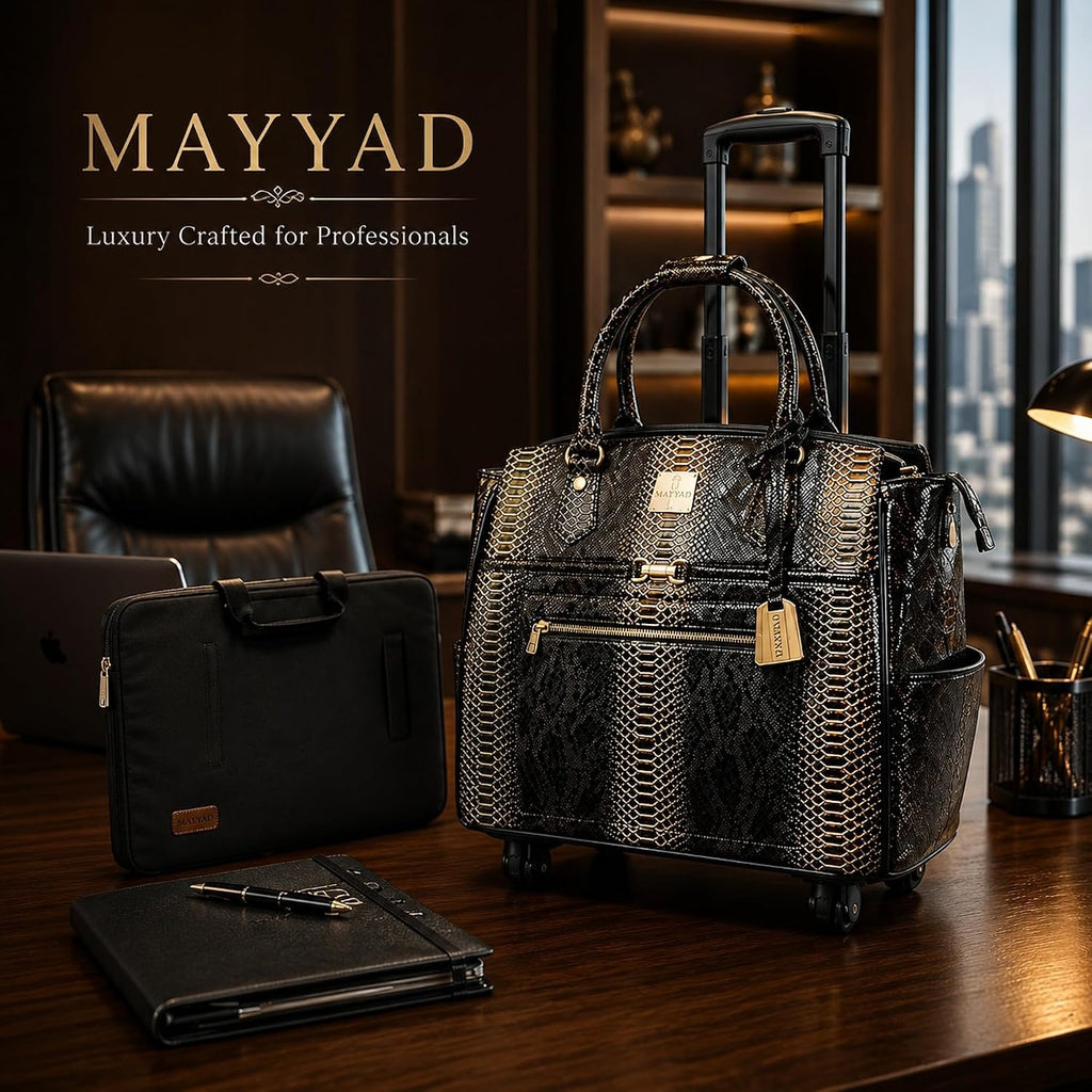 Rolling Laptop Bag for Women with Wheels & Handle Luxury Pure Leather Embossed Work Bag with Laptop Sleeve Travel Briefcase