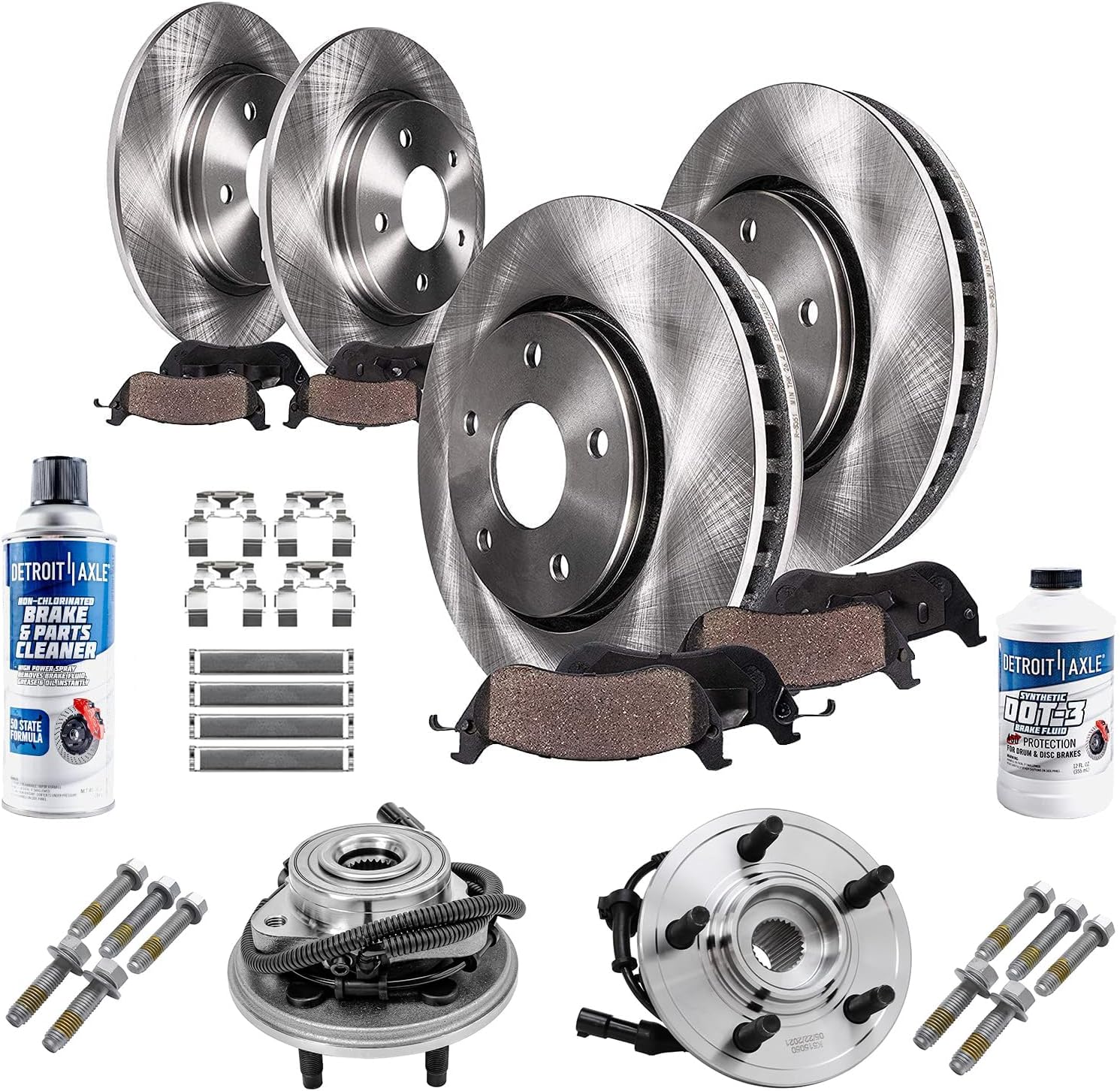 Detroit Axle - Brake Kit for 2002-2005 Ford Explorer Mercury Mountaineer Front and Rear Brake Rotors and Ceramic Brakes Pads 2003 2004 Front Wheel Bearing Hubs Replacement