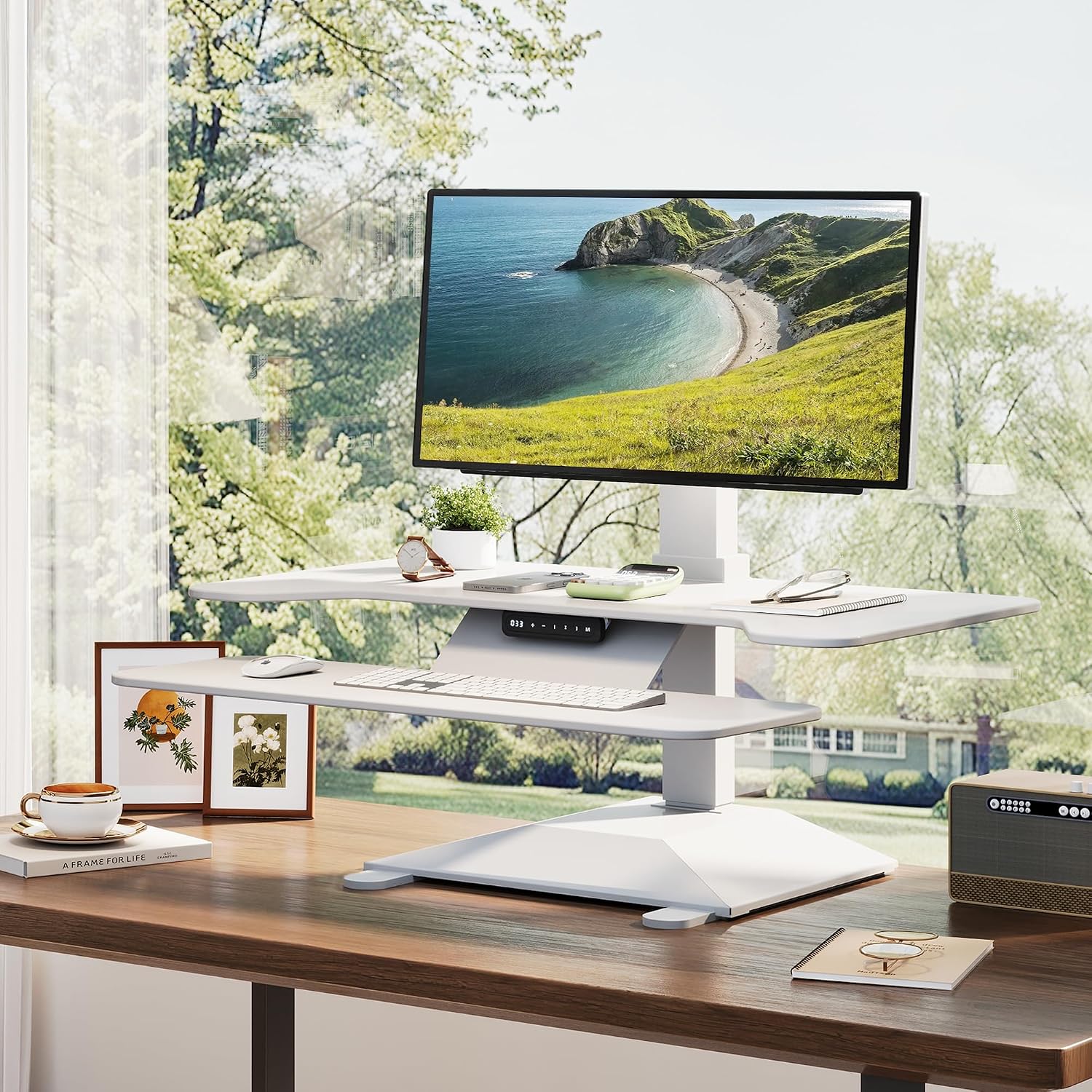 Electric Standing Desk Converter 36' Wide, Height Adjustable Desk Riser, Computer Workstation, Sit-Stand Convertor for Home, Office, School (White, 1 Arm Included)