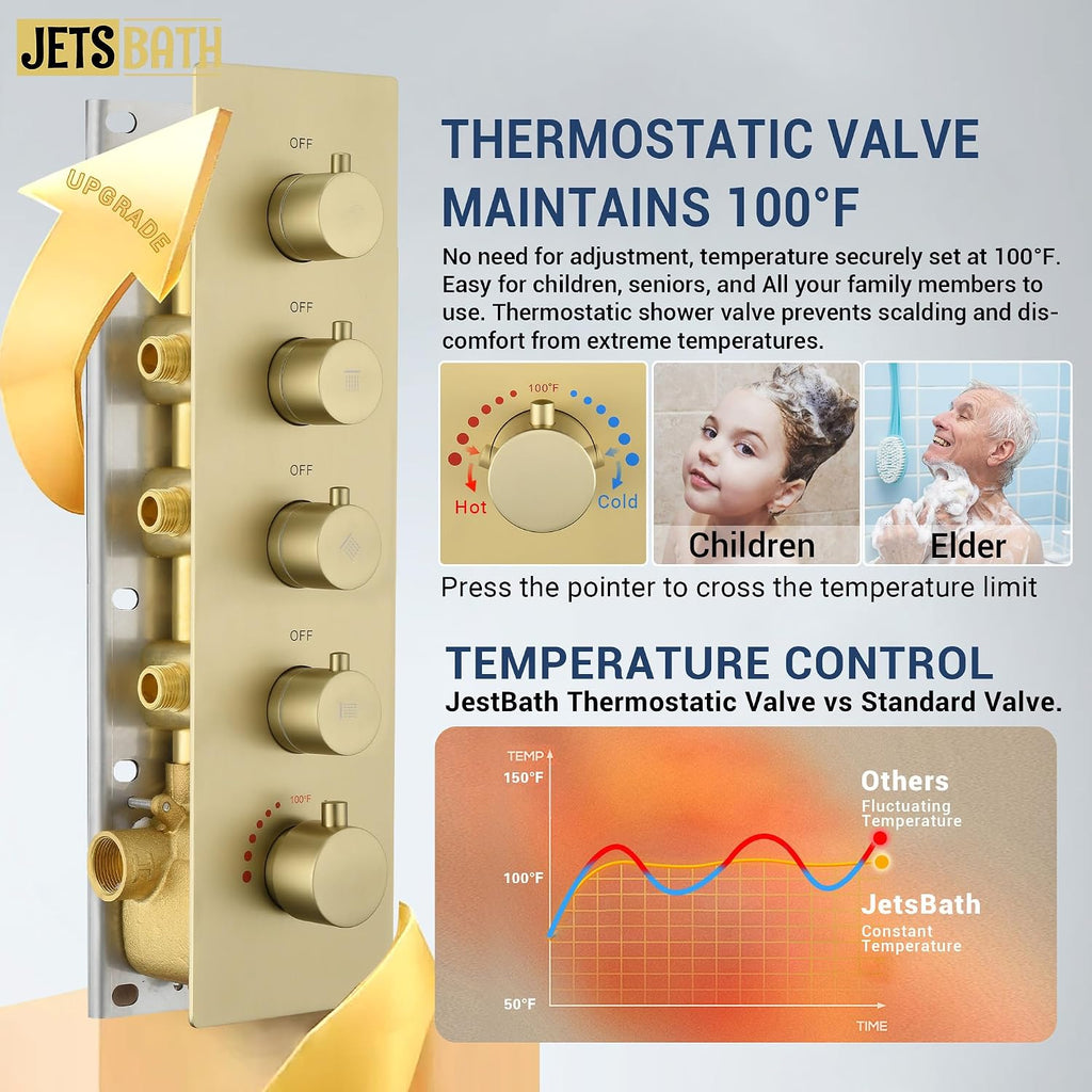 Dasan Thermostatic Dual Shower System with 6 Body Jets, 6-Inch Shower & 16' Rainfall Shower, Luxury Brushed Gold Shower Faucet Set Rain Shower System for Couples/ 2-Person
