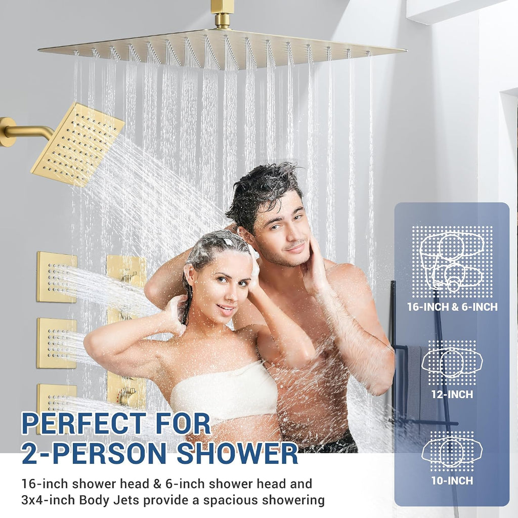 Thermostatic Dual Shower System with 4-Inch Body Jets, Ceiling 16' Rainfall Shower & Wall Mount 6-Inch Shower Head, Brushed Gold Luxury Shower Faucet Set with Handheld Sprayer