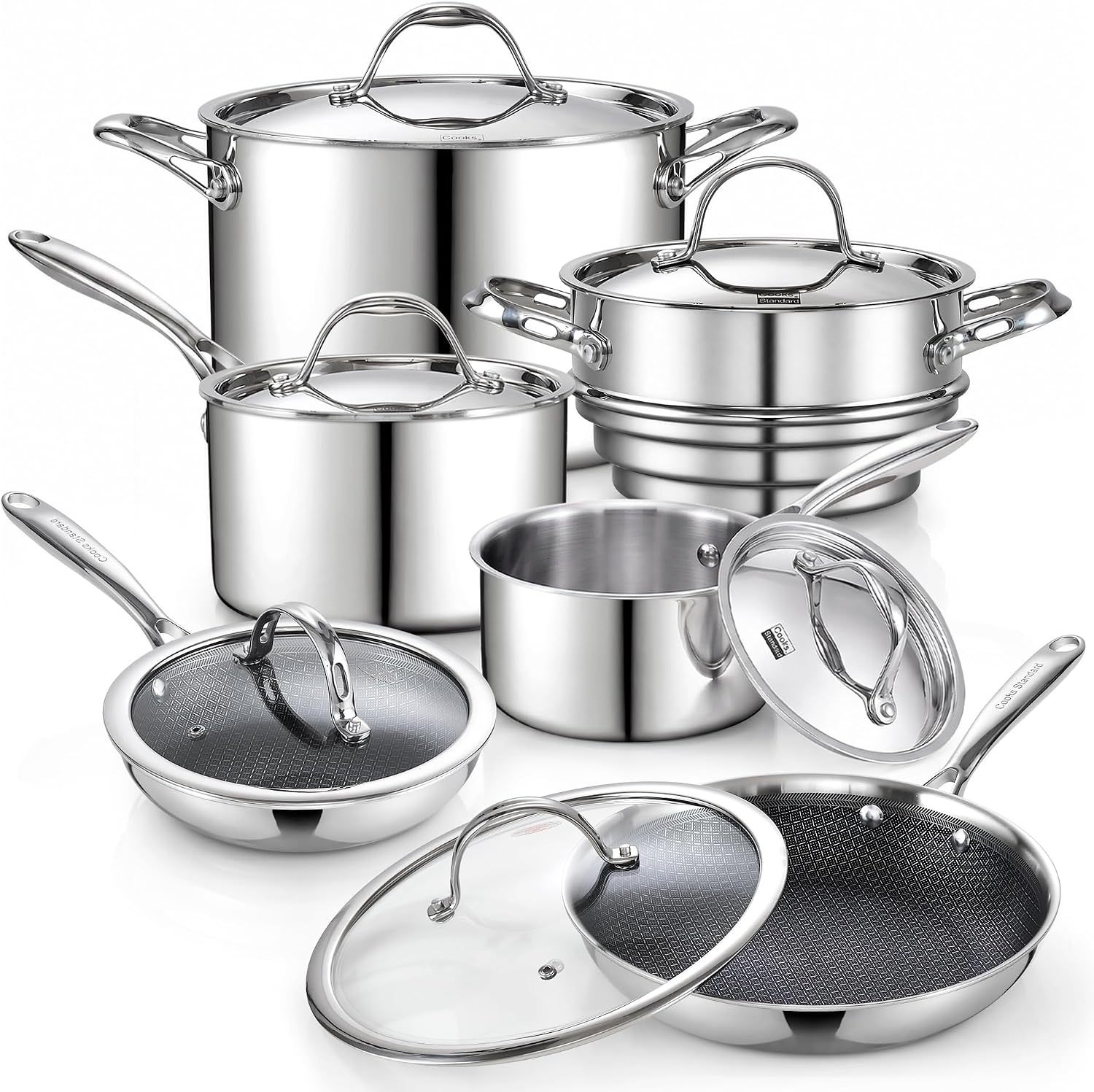 Cooks Standard 12-Piece Multi-Ply Clad Stainless Steel Cookware Set | Includes Nonstick Fry Pan, Saucepan, Steamer & Stockpot with Lid. Aluminum Core for Even Heat. Oven & Dishwasher Safe