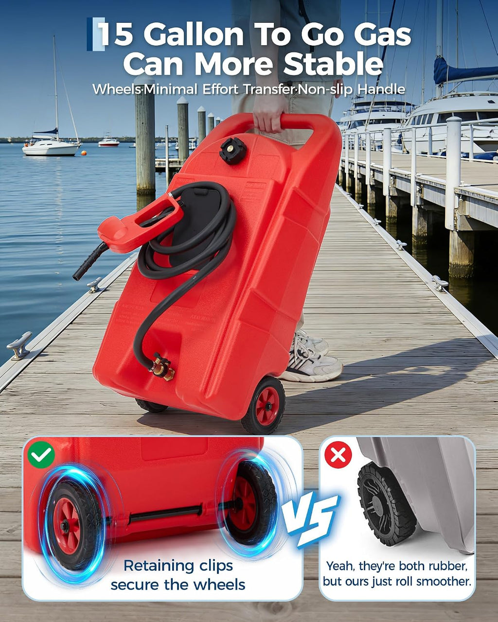 15 Gallon Gas Can, Heavy-Duty Fuel Tank with Manual Transfer Pump & 10FT Hose, Portable Gas Caddy with Wheels, Leak-Proof Gas Container for Lawn Mowers, Cars, Boats, ATVs, Red