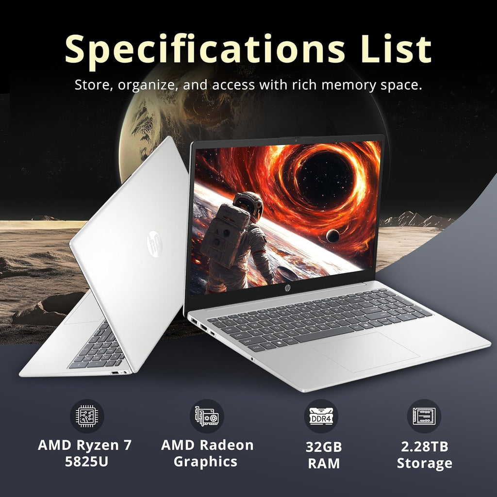 HP 15.6' FHD Laptop, AMD Ryzen 7 5825U, 32GB DDR4 RAM, 2.28TB Storage (2TB SSD+288GB Docking Station Set), AMD Radeon Graphics, Numeric Keypad, 720p HD Camera, Wi-Fi 6, Windows 11 Pro, Silver