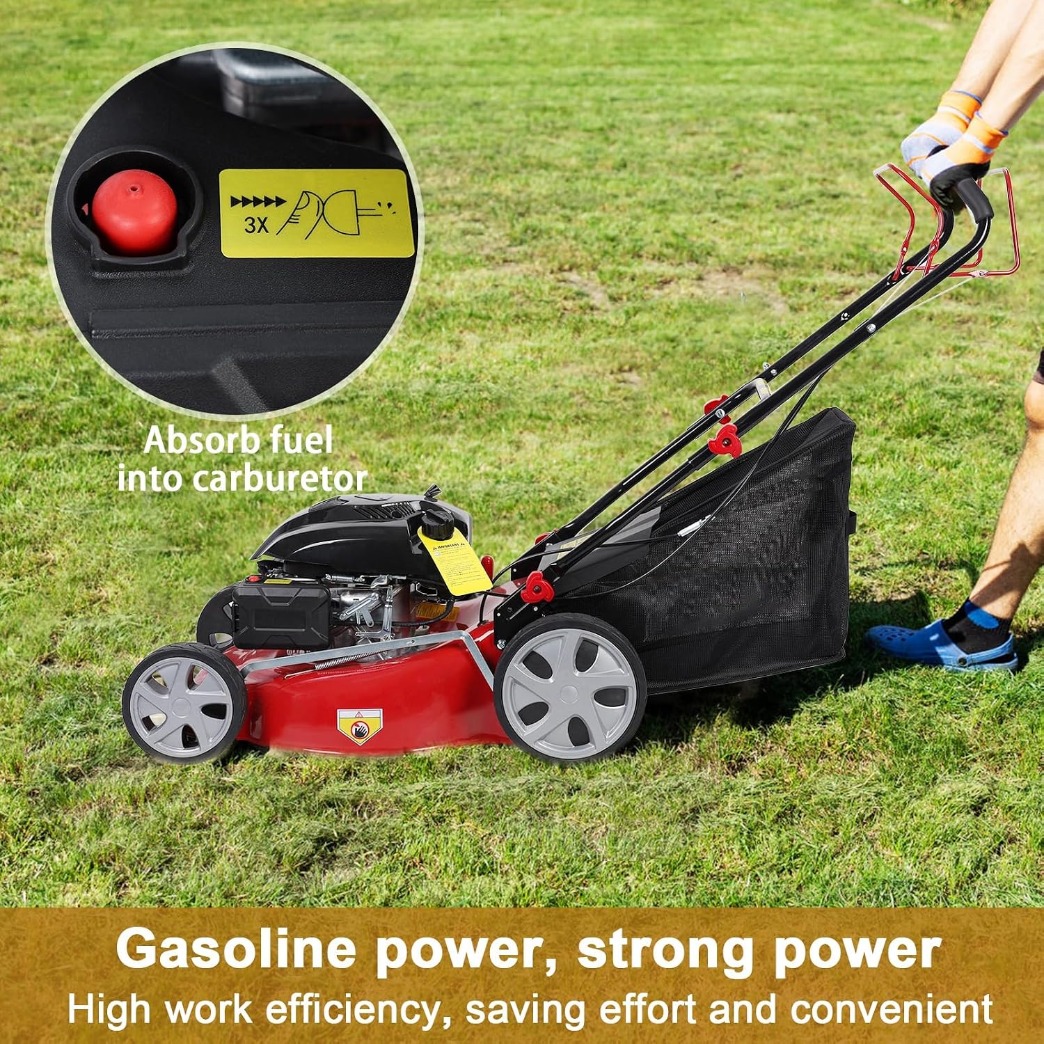 4-Stroke 141CC Self Propelled Gas Lawn Mower, 20 Inch Blade Gas Engine Lawnmower, Push Mower with 50L Grass Tank, Lawn Mower Gas Powered Red