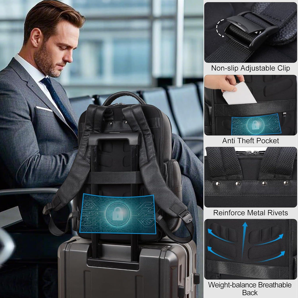 Masa Kawa Black Leather Business Travel Laptop Backpack for Men Fits 15.6' 16' Computer Office Work Commuting Executive Bag Waterproof Daypack