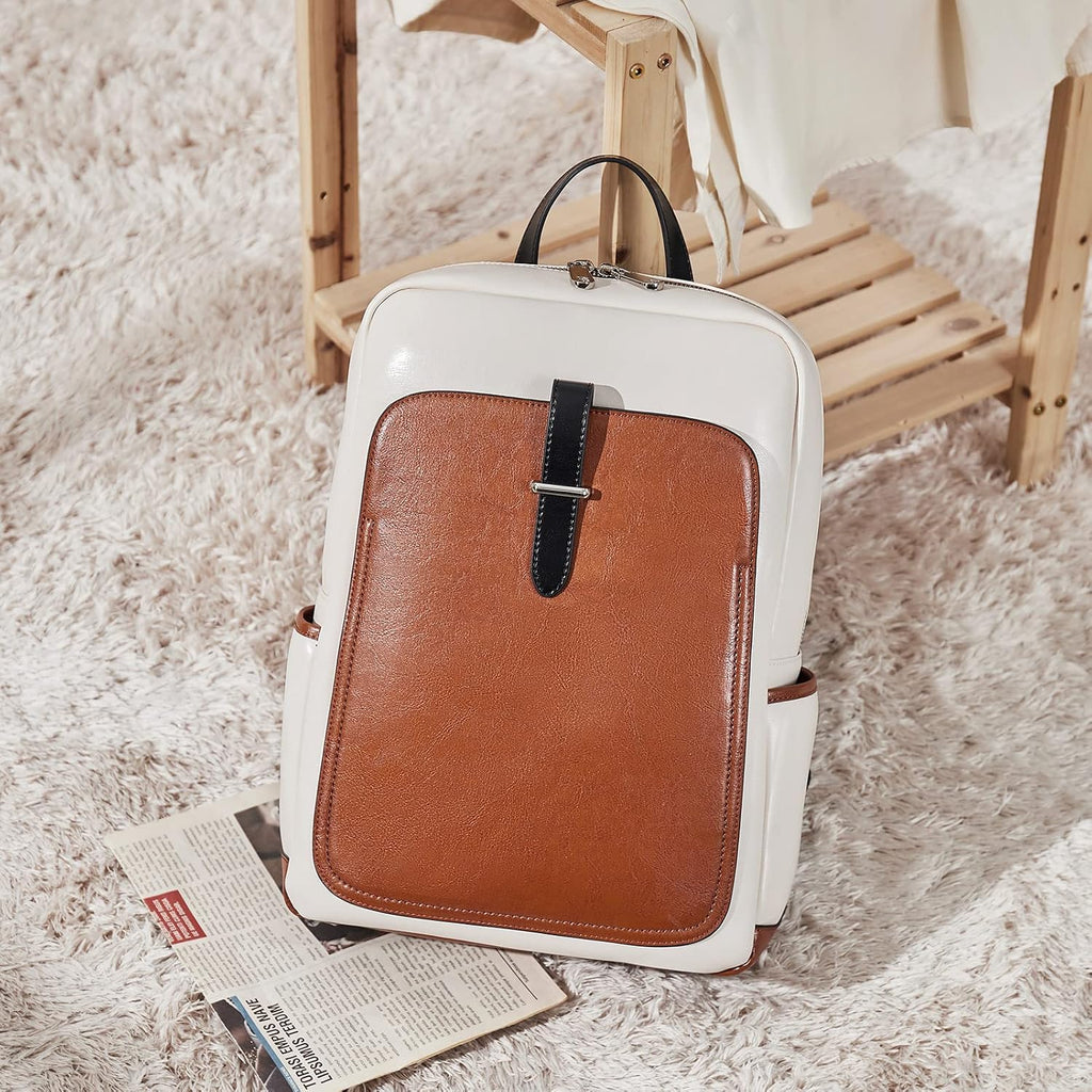 BOSTANTEN Leather Laptop Backpack for Women,15.6 inch Computer Backpack Purse College Daypack Work Travel Bag Beige-brown