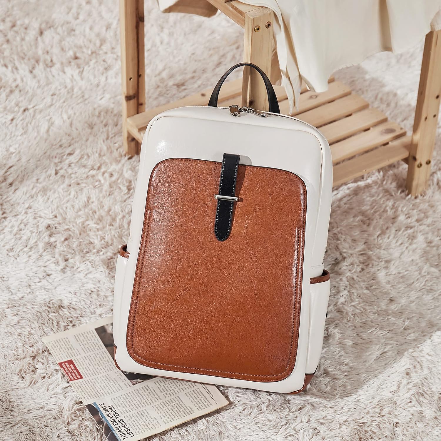 BOSTANTEN Leather Laptop Backpack for Women,15.6 inch Computer Backpack Purse College Daypack Work Travel Bag Beige-brown
