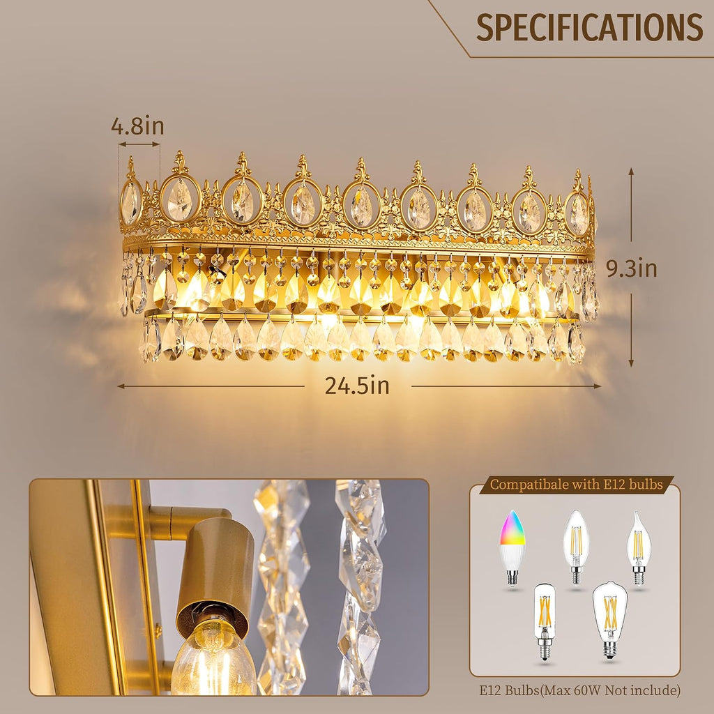 TOCHIC Bathroom Vanity Light Fixtures Over Mirror 4 Lights Gold Crystal Bathroom Wall Light Fixtures Indoor Dimmable, Farmhouse Vintage Sconces for Mirror Cabinets, Powder Room, Bedroom, 24.5' L