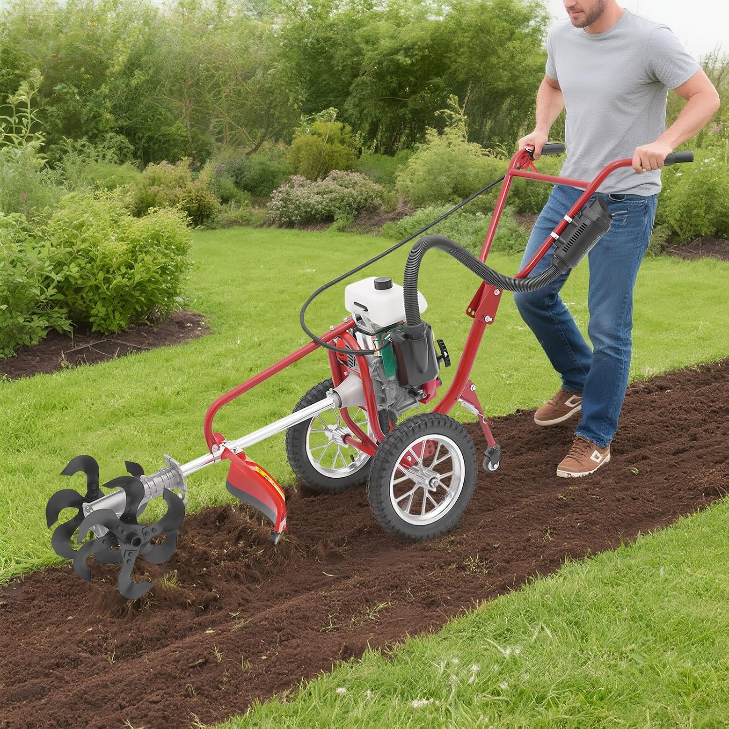 63CC Gas Powered Tiller Cultivator, 4-Stroke Hand Push Micro Cultivator Lawn Mower, 3-in-1 Mowing Tilling Trenching Machine for Farms Parks Lawns Gardens Courtyards (63CC 4-Stroke)