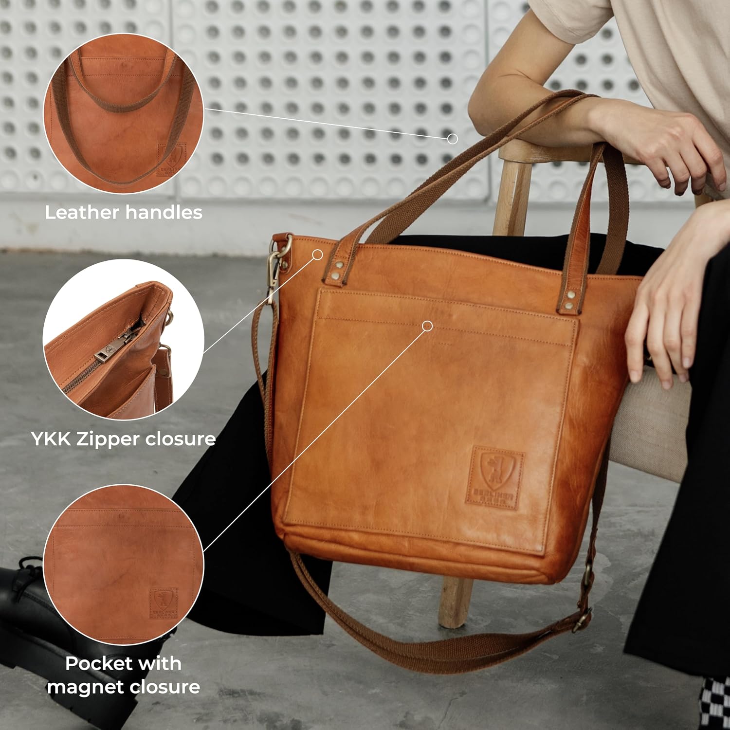 BERLINER BAGS Vintage Genuine Leather Tote Bag Verona, Handbag, Large Shopper, Work Bag for Women