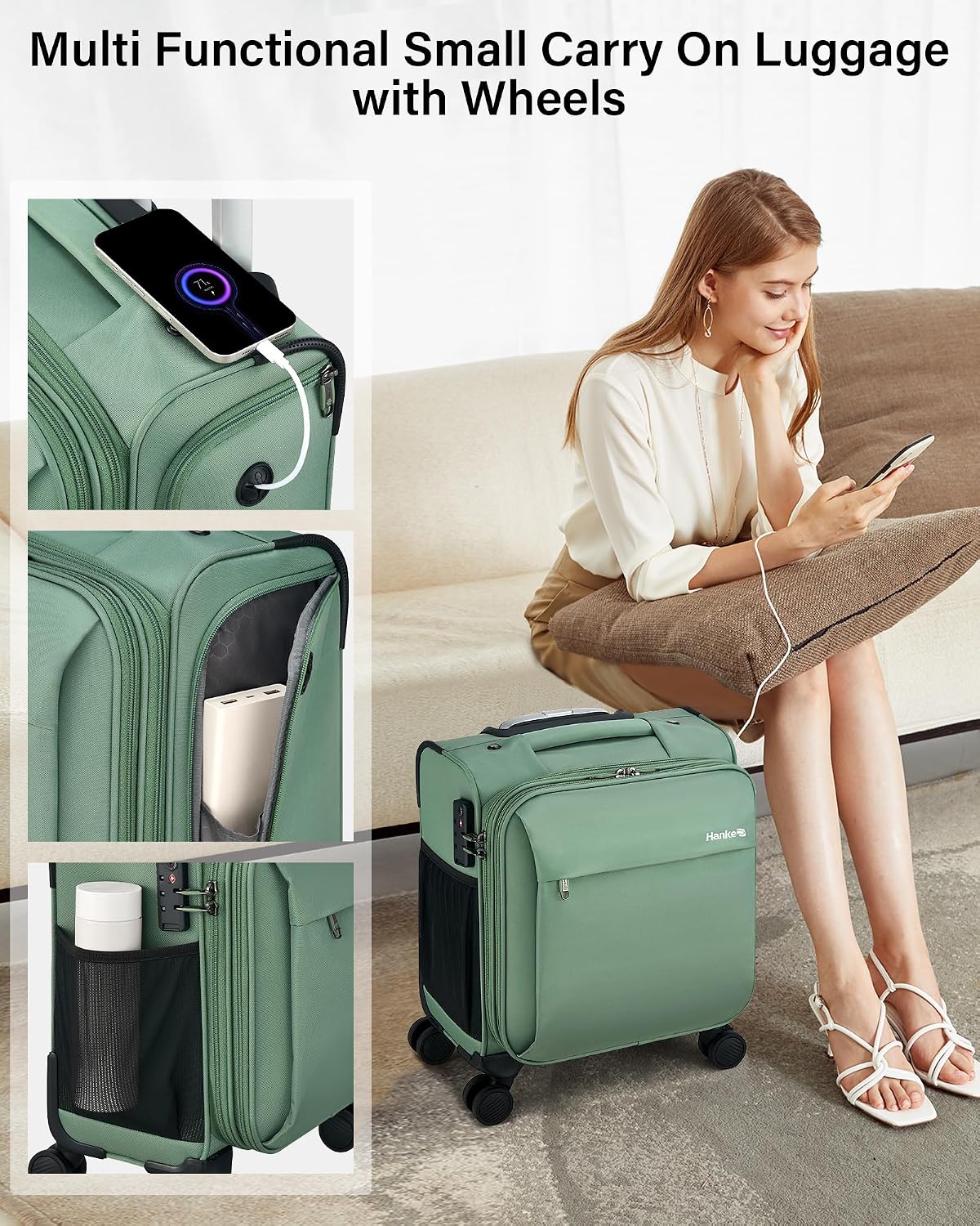 Hanke 16 Inch Underseat Carry On Luggage with Wheels Small Suitcase Softside Luggage Bags for Travel Lightweight Suitcases with Wheels Travel Luggage Personal Item for Men and Women(Forest Green)