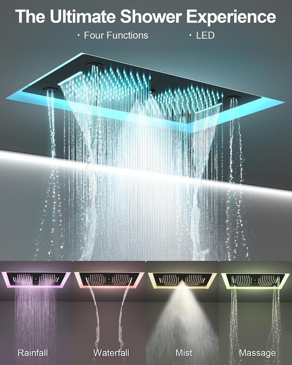 Luxury LED Shower System, 28' x 16' Ceiling Mount Bluetooth Music Speaker 4 Function Shower Head with 6 Body Jets, Matte Black