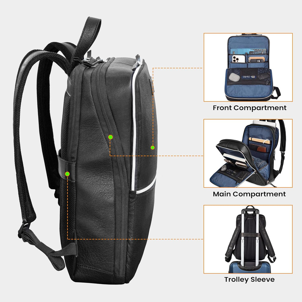 LEATHER VILLAGE Leather Laptop Backpack for Men | Black | Slim Professional Business Bag Fits 15.6'-Laptop | Water-Repellent Work & Travel Daypack with Trolley Strap