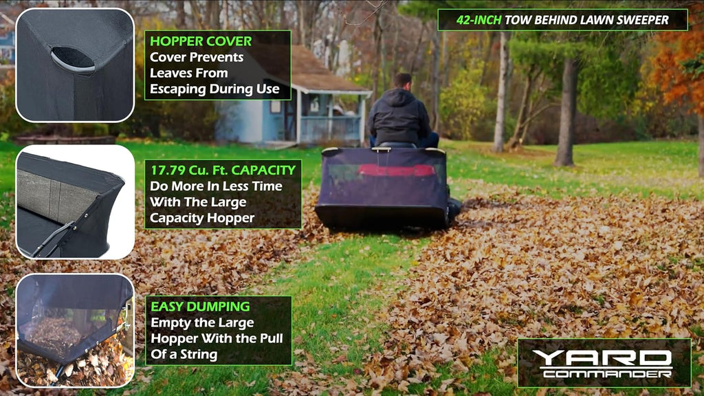 Yard Commander - 42-Inch Tow-Behind Lawn Sweeper, 10' Nylon Brushes, Universal Tractor/ATV Hitch, Never-Flat Wheels, Adjustable Height, 1-Year Warranty, Ideal for Leaves, Grass & Debris