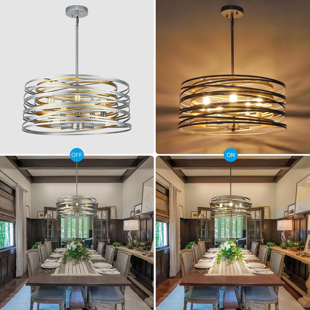 ACNKTZ 19.7'' Double Round Metal Chandelier, 5-Light Modern Farmhouse Dining Room Lights Over Table, Gold Chandelier for Hallway Kitchen Island Entryway Stairwell, Silver with Gold Interior