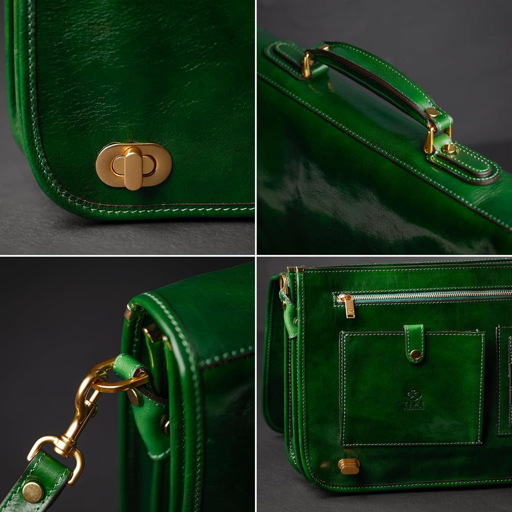 Time Resistance Leather Briefcase for Men - Italian Full Grain Leather Laptop Bag - Messenger Bag - Gift Box Included