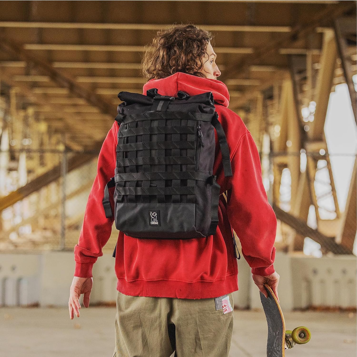 Chrome Industries Barrage 22L Black Roll-Top Backpack – Water Resistant Bag for Work, School, Travel – Features Cargo Net & Laptop Pocket