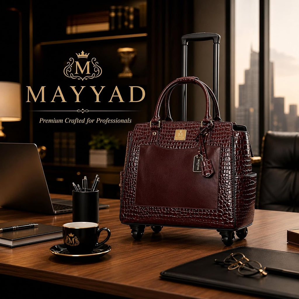 Rolling Laptop Bag for Women with Wheels & Handle Luxury Pure Leather Embossed Work Bag with Laptop Sleeve Travel Briefcase