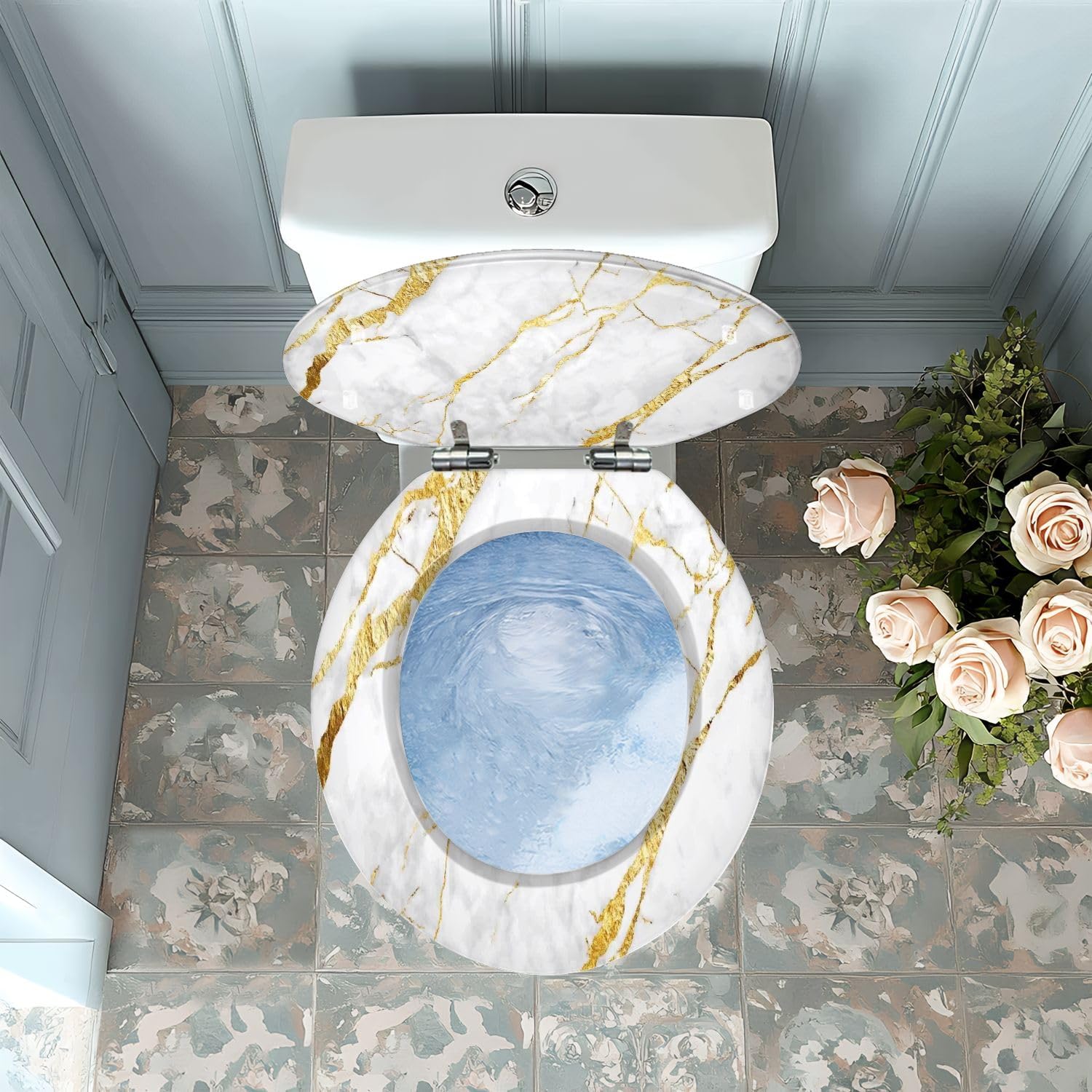 Toilet Seats Oval Round Toilet Seat White gold marble luxury wall texture shine golden line abstract Colored Toilet Seat Easy to Install Decorative Toilet Seat with Cover for Bathroom