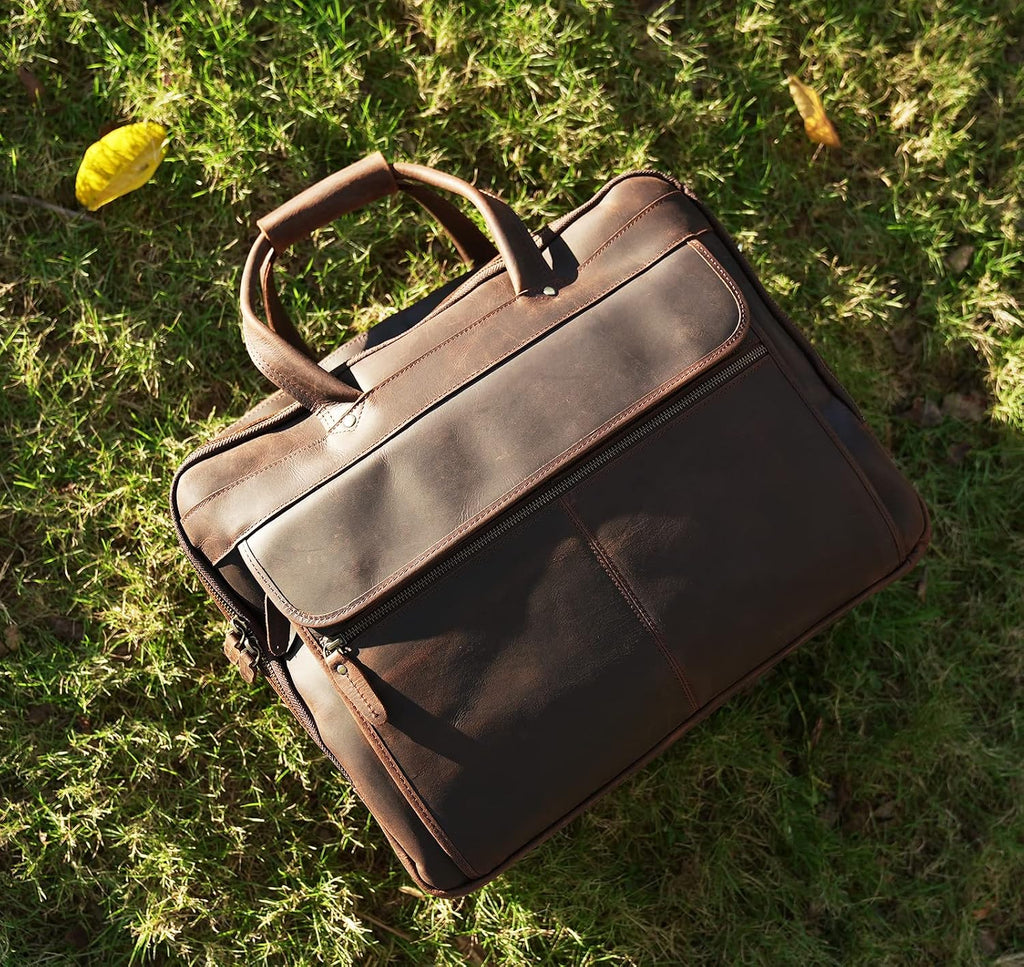 Polare 18'' Thick Full Grain Leather Fit 17.3' Laptop Business Briefcase Work Bag Overnight Bag For Men