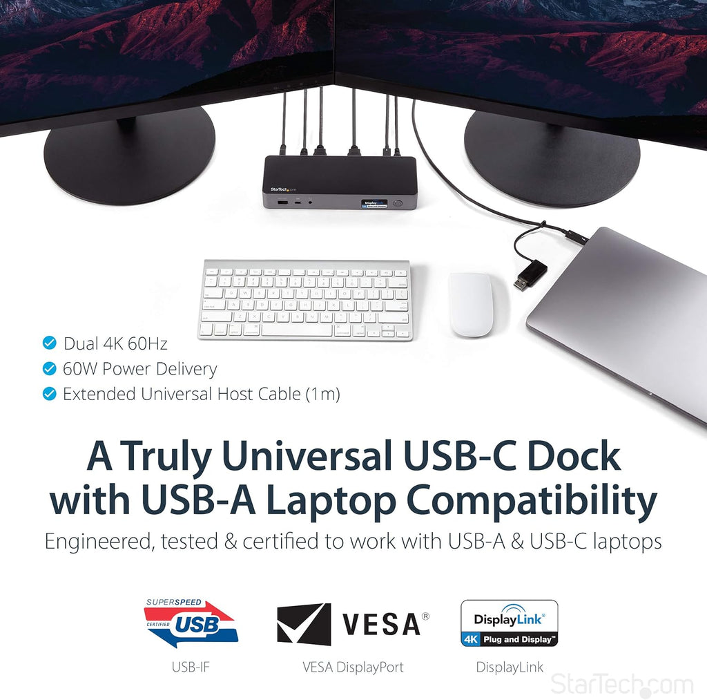 StarTech.com USB-C / USB-A Hybrid Docking Station for MacBook Pro / Air M1 M2 M3 M4 & Windows, Universal Dual 4K 60Hz HDMI DP Dock, Thunderbolt Compatible, 60W Laptop Charging