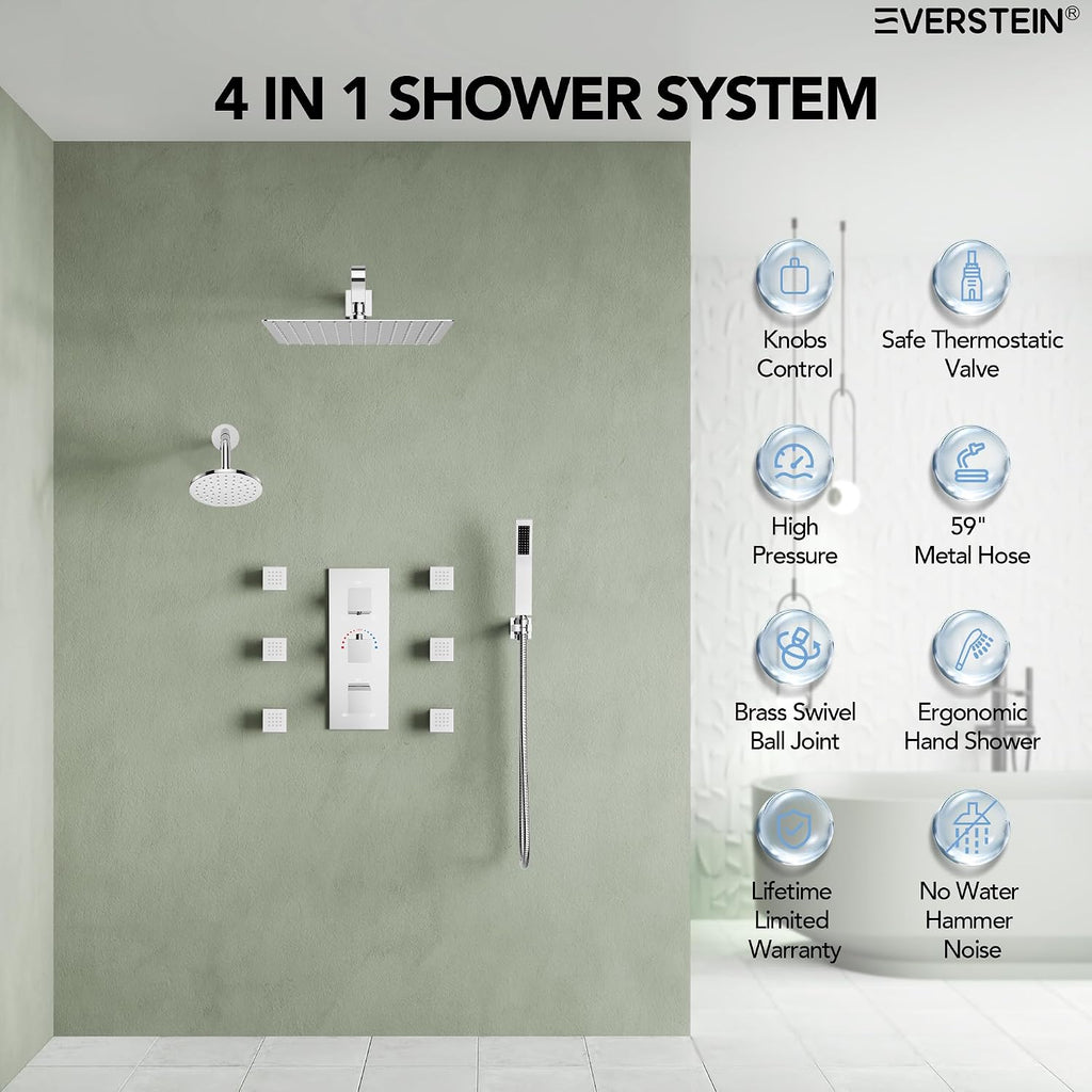 Wall Mount 12' High-Pressure Rainfall Shower Faucet, Dual Rainfall Shower Head System with 6 Body Jets (Polished Chrome)