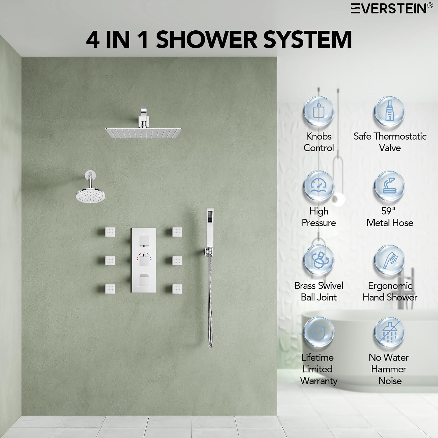 Wall Mount 12' High-Pressure Rainfall Shower Faucet, Dual Rainfall Shower Head System with 6 Body Jets (Polished Chrome)