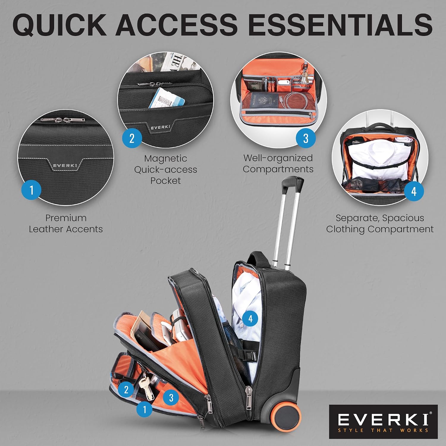 EVERKI Journey 16-Inch Laptop Trolley Rolling Briefcase for Business Professionals – Travel-Friendly Carry-On Laptop Bag, Lightweight Office Bag with Wheels, Roller Laptop Briefcase, Black (EKB440)